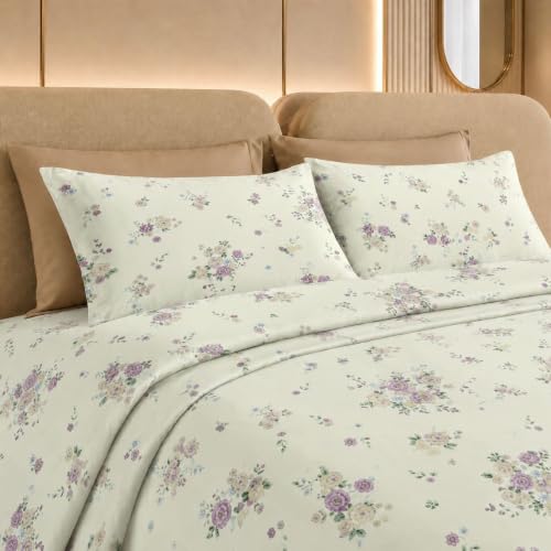 Image of Jaipur Weaves Cotton Percale King Size Bedsheet 108x108 Super King, 100% Pure Cotton Bed Sheet with 2 Pillow Covers, 300 TC Soft Breathable Floral Design Bedding (Floral Green, Super King)