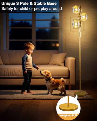 Image of Lightdot 60IN Dimmable Gold Floor Lamp with Glass Globe Mid Century Standing Lamps with 3Pcs 3000K Bulbs Included Modern Tall Lamp with 5Lbs Heavy Iron Base for Bedroom /Sofa Beside /Corner Decor