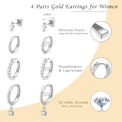 Surgical Steel Huggie Hoop Eearings - 4 Pairs Gold Dainty Hoop & Stud Earring Set, Hypoallergenic Layered Ear Jewelry, Minimalist Tiny Studs for Daily Wear3