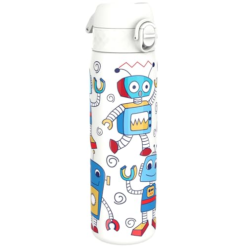 Ion8 Lightweight Steel Water Bottle, 600 ml/20 oz, Non-Insulated, Leak Proof, Easy to Open, Secure Lock, Dishwasher Safe, Flip Cover, Fits Cup Holders, Carry Handle, Metal Water Bottle, Robots