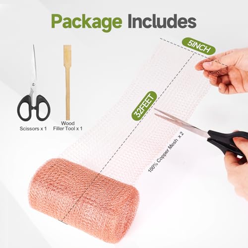 Image of Copper Mesh Rodent Control, 4in x 72ft Premium Copper Wool Ideal for Hole Blocking, Rustproof Pure Mesh for Mice Slug Snail Control, with Exclusive Wood Stick