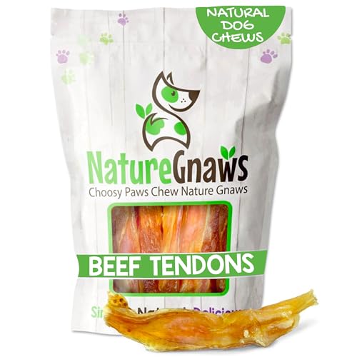 Nature Gnaws Beef Tendons for Dogs 4-5 (12 Count) - Mixed Thickness - Long Lasting for Small and Medium Dogs - Natural Beef Jerky Dog Chew Bones - Rawhide Free