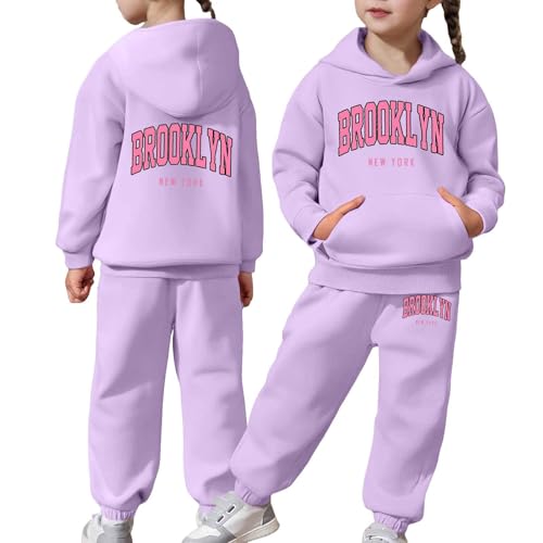 Girls Sweatsuit Set - 2 Piece Brooklyn Letter Print Graphic Pullover Hoodie Sweatshirt and Sweatpants Jogger Sets 2-13Years