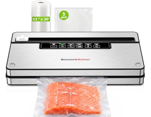 Image of Bonsenkitchen Vacuum Sealer Machine with 1 Roll & 5 Airtight Bags, 5 Vacuum Modes, 80 kPa Powerful Suction, Built-in Cutter & Bag Storage - Silver