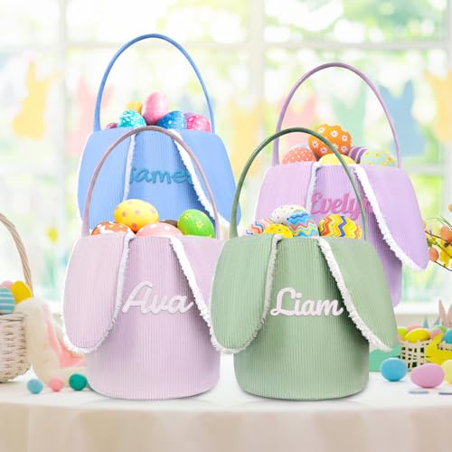 Artiglow Personalized Easter Basket for Boys and Girls, Embroidered Bunny Ears Egg-hunt Basket with Custom Name, Soft Fillable Gift Bakset, First Easter, Corduroy, 9