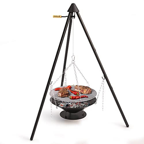 barbecook Holzgrill Junko Schwenkgrill mit Dreibein-Gestell höhen-verstellbar inklusive Feuerschale und Tragetasche, schwarz, 61x61x166 cm