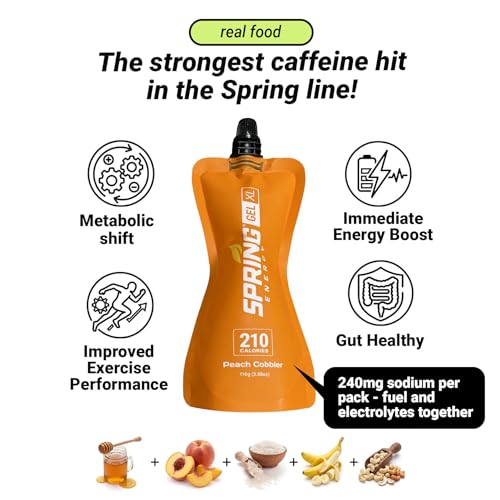 Image of Spring Energy Honey Banana Peach Energy Gel - Real Food Running Gel, 210 Calories, Peach Cobbler Flavor - 50g of Carbs, No Rice Syrup or Maltodextrin (6 Pack)