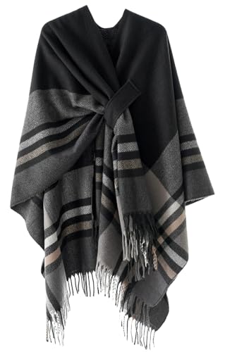 Knitted Pashmina Shawl Wrap for Women Cross Open Front Blanket Winter Warm Poncho Capes Cardigan Gradient Checkered Coat