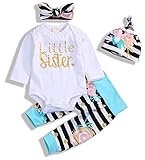 4Pcs Baby Girls Clothes Little Sister Long Sleeve Romper+Striped Long Pants+Hat (0-6 Months, White Stripe)