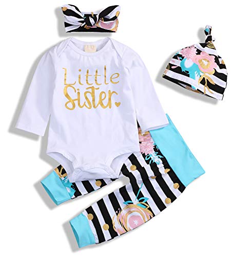 YOUNGER STAR 4Pcs Baby Girls Clothes Little Sister Long Sleeve Romper+Striped Long Pants+Hat (0-6 Months, White Stripe)