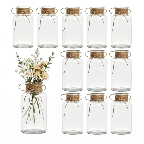 Sawoake Clear Glass Vase Set, Hemp Rope Bowknot Decoration, Rustic Rustic Style Table Top for Wedding Flower Arrangement, Set of 12