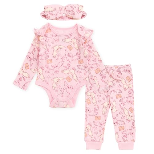 Image of Harry Potter Baby Girls Ribbed Bodysuit, Jogger Pants & Headband 3 Piece Outfit Set Newborn to Infant Sizes (0-24 Months)