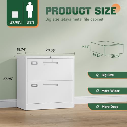 Image of Letaya 2 Drawer File Cabinet with Lock,Metal Lateral Filing Cabinet for Home Office,Hanging Letter /Legal /A4 Size (White, H27.95xW28.35xD15.74)