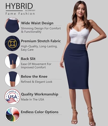 Image of Hybrid & Company Women's Premium Nylon Ponte Stretch High Waist Pencil Suit Skirt Below Knee