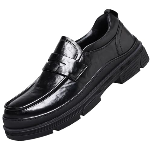 Mens Height Increasing Dress Shoes Thick Sole Leather Loafers British Style Business Casual Shoes Grain Leather Office Dad Shoes Mature Look