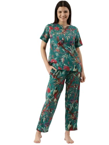 Image of SANSKRUTIHOMES Women's Premium 100% Cotton Printed Co-Ord Set | Short Sleeve Shirt & Pant Set | Pink Checkered Sun & Palm Tree Print | Casual Summer Resortwear, Vacation Wear & Comfortable Loungewear