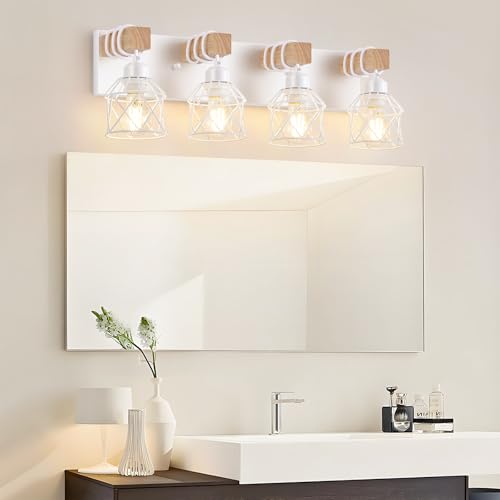 Image of FadimiKoo 4-Light Farmhouse Vanity Lights for Bathroom, White Wood Bathroom Light Fixtures Over Mirror, Rustic Vanity Lights with Metal Shade, Bathroom Lighting for Living Room, Bedroom, Hallway