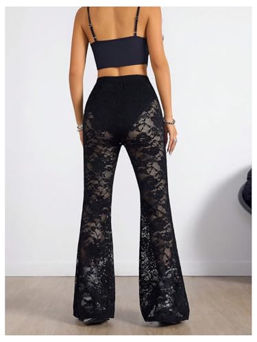 OYOANGLE Women's Lace Flared Pants Y2K High Waisted Skinny Bell Bottoms See Through Sheer Bootcut Trousers3