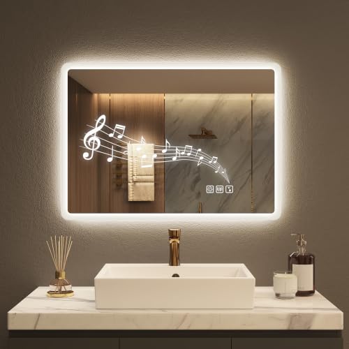 STARLEAD 500x700 mm Bathroom-Mirror-with-LED-Lights for Wall Bluetooth Anti-Fog 3 Colors Dimmable Bathroom-LED-Mirror Memory Function HD Tempered Glass IP44 Smart-Mirror(Horizontal/Vertical)