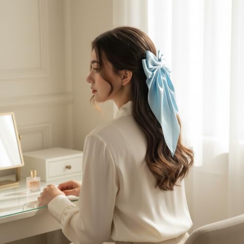Pinza para cabello con lazo de satén azul claro grande miniatura 4