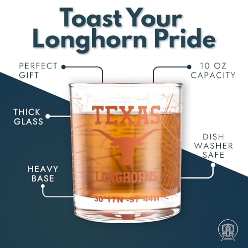 Image of Greenline Goods - University of Texas Longhorns College Whiskey Glasses (Set of 2), 10 oz - Full-Color Logo + Campus Map