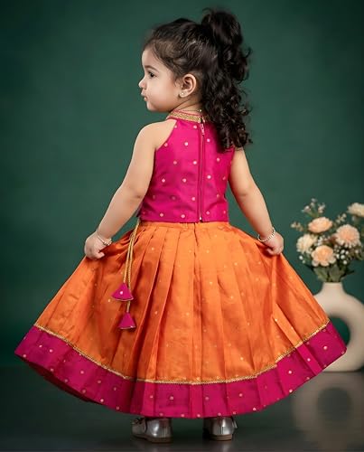 Image of Girls Designer Lehenga Choli Set Orange Rani Pink Readymade Pattu Pavadai Style Traditional Ethnic Dress for Baby Girls Kids Festive Wedding 3Months-8 Years