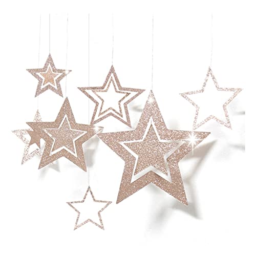 Yurosiay Lot de 7 étoiles à suspendre à paillettes - En papier - Décoration à suspendre - Pour mariage, fête, sapin de Noël - Champagne