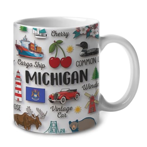 Lotacy Michigan 2D Printed Coffee Mug Cup 11oz Michigan State Gifts Souvenirs With Symbols Collage