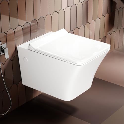 Image of LAPO P Trap Wall Hung Commode Ceramic Rimless Commode Toilet, Wall Hung Western Toilet With Soft Closing Toilete Seat (White, 21X14X14 Inch)-SPN