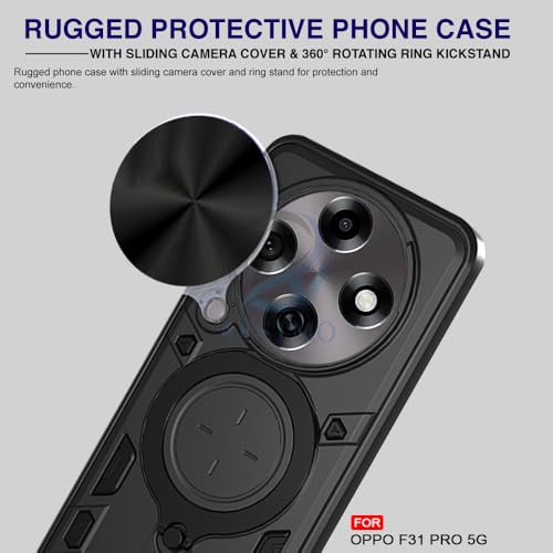 Image of AESTMO Armor Oppo F31 Pro 5G Bumper Back Case Cover | Ring Holder & CD Pattern Sliding Camera Shutter Cover | Back Case Cover for Oppo F31 Pro 5G (Black)