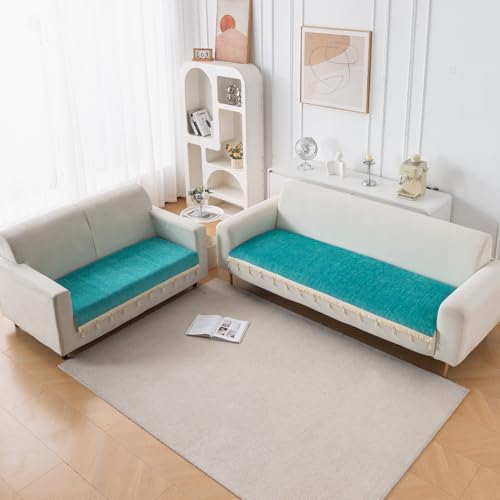 Image of HOKIPO 'Serenity Tassel' Chenille Sofa Cover 3 Seater and 2 Seater with Tassels | Ocean Teal (IN-891 + IN-892 - SBL)