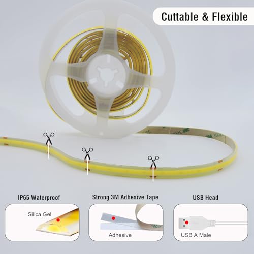 Tira LED COB impermeable con dimmer USB 5V 6ft miniatura 7