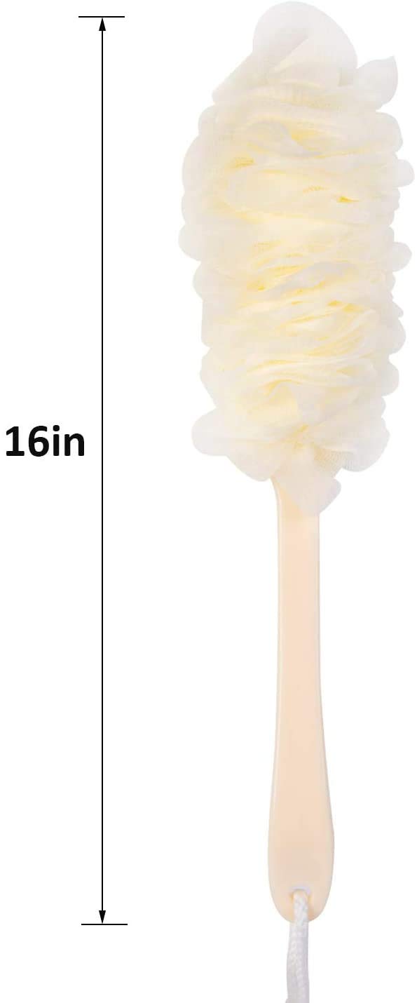 Lufa - Scrubber posteriore per doccia con manico lungo, spazzola per doccia in spugna da bagno, morbida rete di nylon, spazzola da bagno per donne e uomini, accessori da bagno (3 pezzi, bianco)