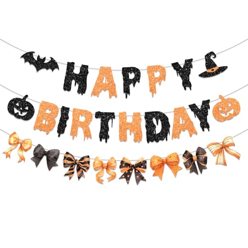 Happy Birthday Halloween Banner Orange Glitter Halloween Birthday Decor Bow Bat Spooky Happy Birthday Banner for Girl Cute Halloween Birthday Decorations