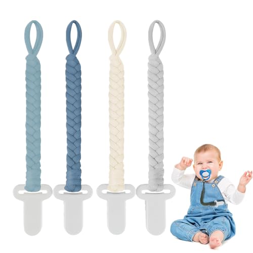 Kryzalite® Paquete de 4 clips para chupete de algodón con forma de cuerda tejida para niños y niñas, flexibles e inoxidables, seguros para recién nacidos (caqui, gris, verde, azul)