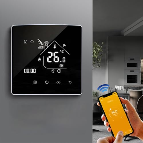 Glewi Termostato WiFi inteligente con pantalla táctil para aplicación Tuya, control de calefacción programable para sistemas de caldera de piso de agua, negro (flash)