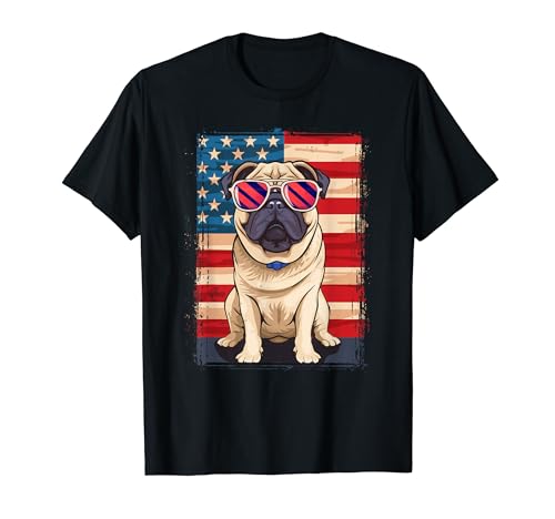Mops Hund 4. Juli Amerika USA Flagge Patriotische Mutter Papa Kinder T-Shirt