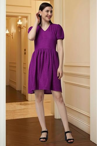 Image of POPWINGS Casual Self Crush Design Solid Knee Length Blouson Peplum Dress for Women || Stylish Summer Dress for Women || Knee-Length Dress for Women || V-Neck Dresses for Women