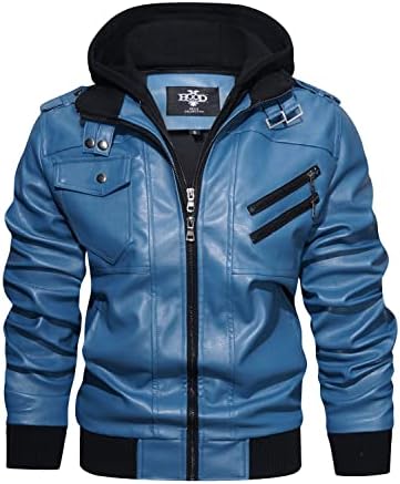 HOOD CREW Men’s Casual Stand Collar PU Faux Leather Zip-Up Motorcycle Bomber Jacket With a Removable Hood Blue XL