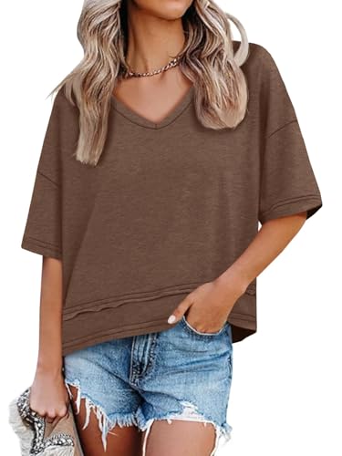 Image of UNCLECAT Womens V Neck T Shirts Summer Trendy Loose Fit Casual Tops Tees