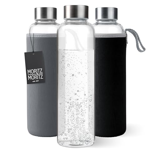 Moritz & Moritz Trinkflasche Glas 500ml - Für Kohlensäure geeignet und Auslaufsicher - Glasflasche für Sport Schule Uni oder Arbeit - Mit schützendem Wendebezug aus Neopren