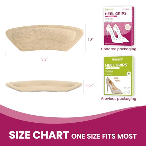 Image of Heel Grips Pads for Women Shoes - (12 Pairs) Bukihome Self-Adhesive Heel Cushion Inserts Prevent Slipping, Rubbing, Blisters, Foot Pain, Improve Shoe Fit, Heel Protector for Shoes Too Big - Beige