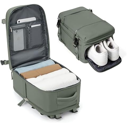 SEAFEW Carry on Travel Backpack for Men Women, Water Resistant Laptop Backpack Personal Item Luggage Daypack for Airplanes, Weekender Overnight Backpack with Shoe Compartment, Mochila de Viaje, Green Cover