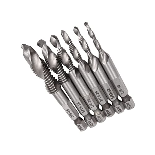 ZONADAH Juego de 6 brocas roscadas con tornillo prisionero de titanio, vástago hexagonal HSS y punta en espiral, tamaños de broca: 1/8, 5/32, 3/16, 1/4, 5/16 y 3/8 pulgadas.