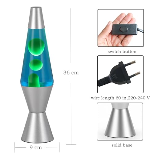 Image of KARP 14.5 Inch Lava Lamp (Blue Water & Green Lava) | Silver Base, Metal & Glass | 220-240V 50Hz | R39 E14 25W Bulb | Run by Plug with Inline Switch | Ambient Night Lamp & Gift for Home Decor & Office