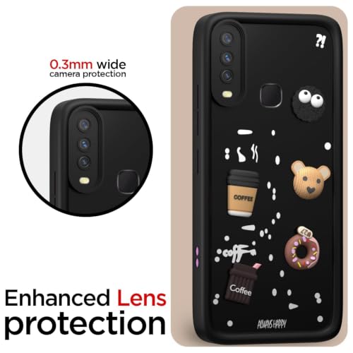 Image of Bintage Back Cover Compatible for Samsung A20s - SM-A207F | Cute Fun Ball | 3D Taddy Smiley Coffee | Milk Case | Full Body Protection - Black