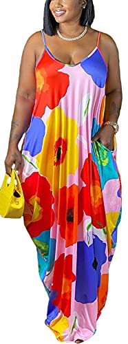 Image of BFFBABY Women's Casual Maxi Dress Sleeveless Tie Dye Spaghetti Strap Summer Plus Size Swing Sundress with Pockets