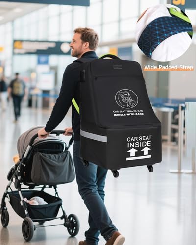 Image of MCBD Car Seat Travel Bag for Airplane, Foldable Baby Carseat Backpack for Travel Padded Carseat Carrier for Airport Gate Check, Infant Stroller Cover with Reflective Strips