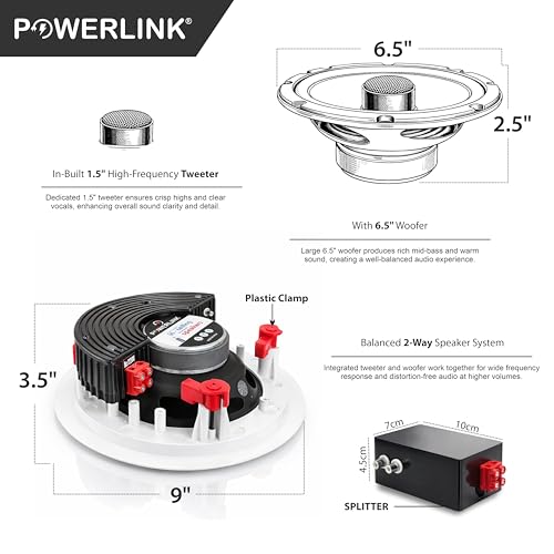 Image of Powerlink 9 inch Bluetooth Flush Mount in-Ceiling 2-Way Speaker System Quick Connections Polypropylene Cone & Polymer Tweeter Stereo Sound 60Watt (30W Each) for Office, Gym, Home Theater (Pack of 2)