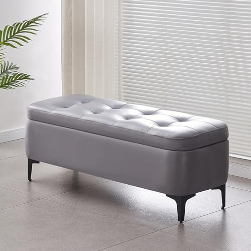 Moderno banco de almacenamiento gris de piel sintética con asiento acolchado para sala de estar y dormitorio, muebles versátiles para espacios interiores (150 cm)